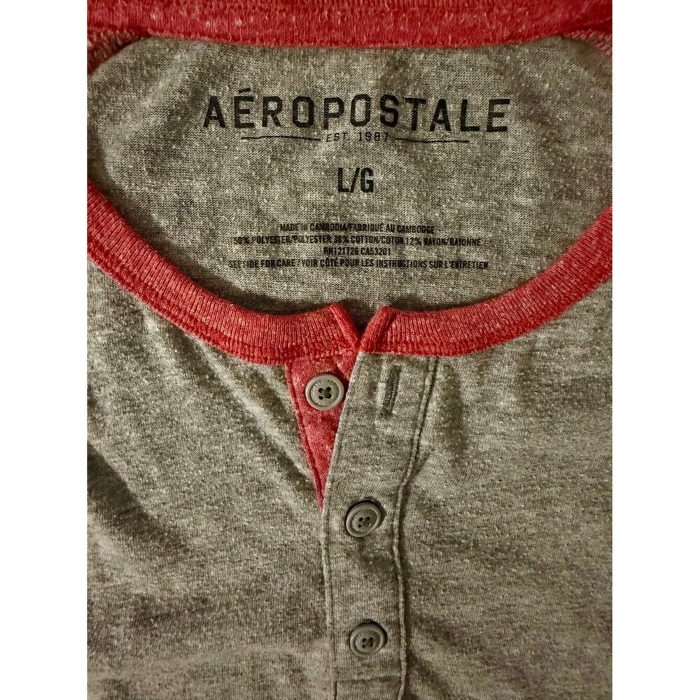 Aeropostale Men’s L Gray & Red Raglan Henley – Long‑Sleeve Casual Shirt